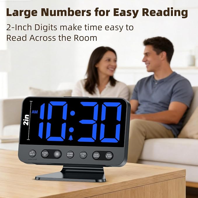 AuroraCalm Digital Alarm Clock with Large Numbers for Bedrooms: Bold Display Readable Across The Room with 5 Level Brightness - 5 Alarm Sounds 8 Night Lights for Kids Seniors Teens - Blue