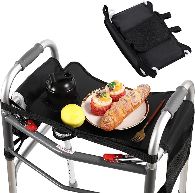 Hook-On Walker Tray, Cup Holder & Tool Free Quick Assembly, Non Slip Mobility Table for Seniors, Multi Functional Removable Tray, Portable Multipurpose Walker Accessories