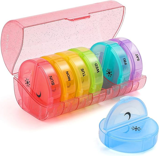 Sukuos Large Weekly Pill Organizer 2 Times a Day, Daily Pill Box 7 Day Easy to Open with Double Protection, AM PM Pill Case for Medicine/Vitamin/Fish Oil/Supplements (Glitter Pink)