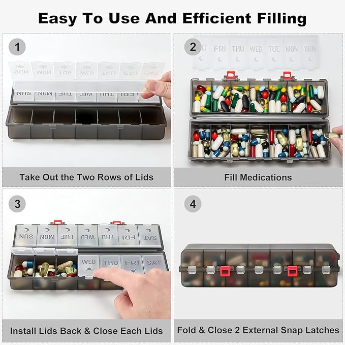 Foldable Pill Organizer 2 Times a Day w/Etched Labels -Dual Protection & Portable Weekly AM PM Pill Box, 7 Day Medicine Container, Large Travel Pill Case for Daily Supplement Vitamin -Clear Black