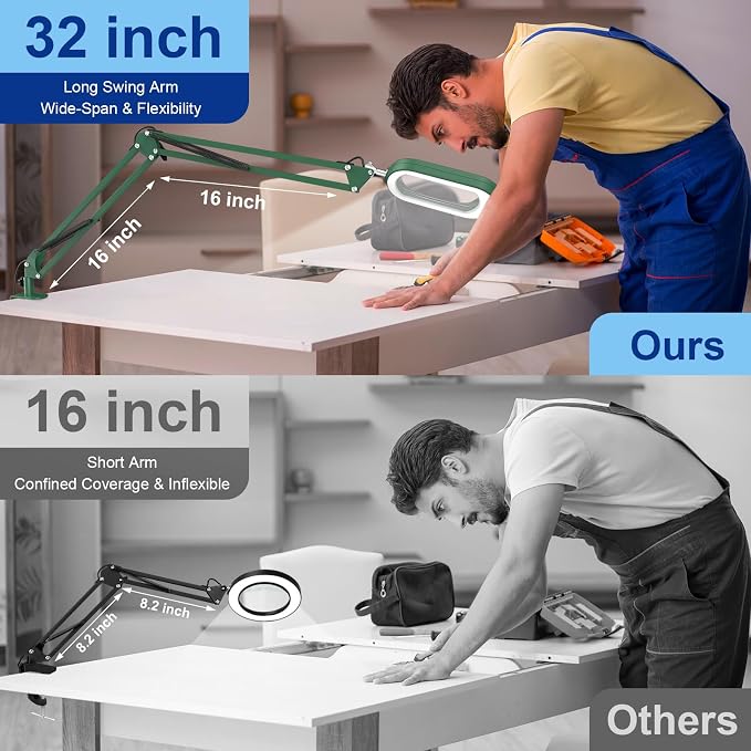 16" Extra Long Magnifying Glass with Light and Clamp, Real Glass, 5 Color Modes, Stepless Dimmable, Lighted Magnifier with Stand Hands Free, LED Swing Arm Desk Lamp for Close Work, Craft, Green