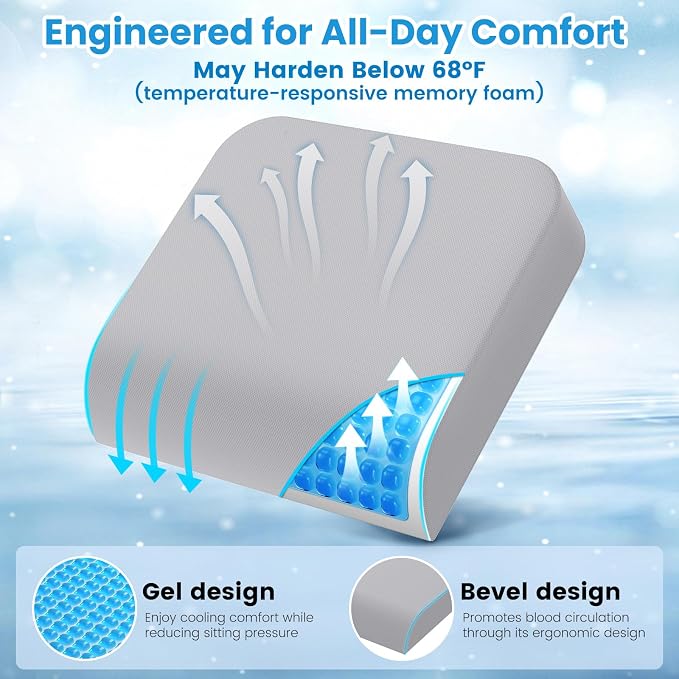 Wheelchair Seat Cushion for Pressure Relief, Cooling Gel Memory Foam Chair Cushion with Slope-Edge Design, Coccyx Support for Tailbone Pain, Non-Slip, for Wheelchairs, Office Chairs, Light Grey