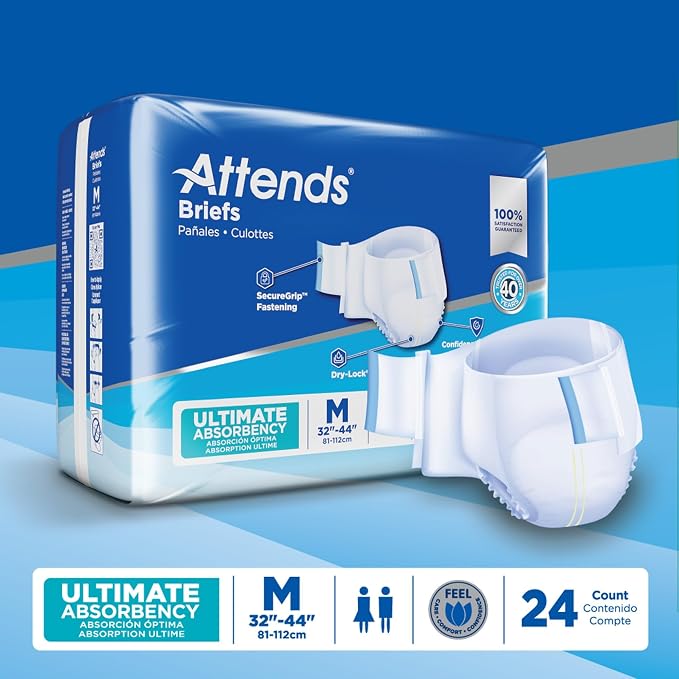 Attends Confidence® Adult Unisex Disposable SmartCool® Briefs, Medium, 32"-44" Waist, SecureGrip Tab Closure, Ultimate Absorbency, Breathable Materials, 24ct Bag