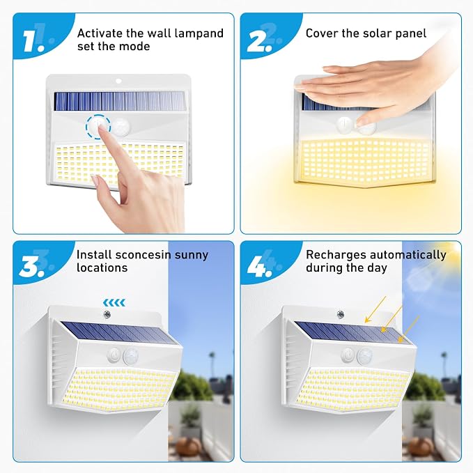 6 Pack Solar Motion Sensor Lights Outdoor Waterproof with 3 Modes | Warm White, White Frame, LED, Solar Powered, Security Lighting for Outside Wall Garden Fence Yard Deck Patio Garage