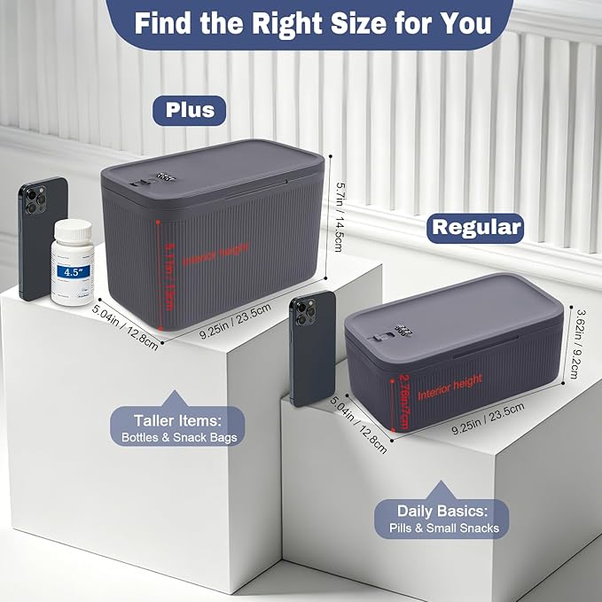 Small Medicine Lock Box Upgraded PLUS Taller , Medication Lockbox with Combination, BPA-Free Food Small Lockable Storage Box for Pill Organizer, Phone Jail, Snack, Fridge, Home, Office,Gray