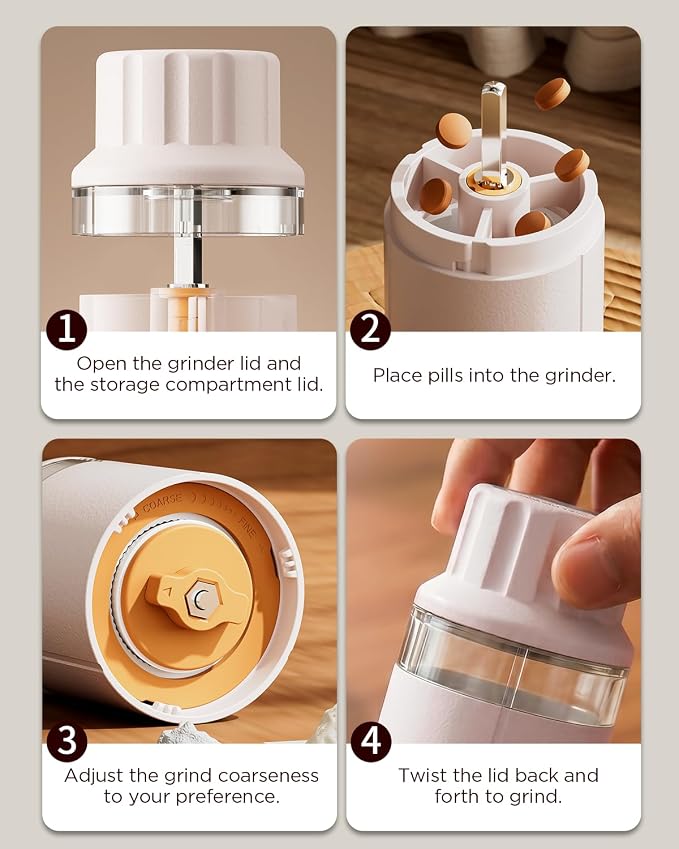 GAONLY Ceramic Core Small Pill Crusher Fine Powder –Manual Pill Grinder for Elderly & Pets, Free Twist-to-Grinder for Arthritic Hands, Crushes Meds/Vitamins to Fine Powder (Pink)