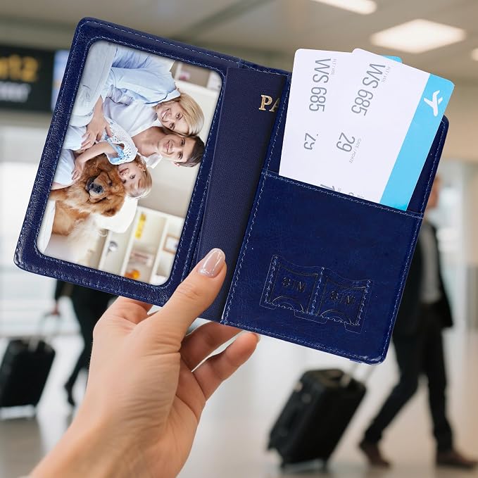Passport Holder for Travel, RFID Blocking Passport Cover with Pen Holder Leather Passport Wallet Case Travel Must Haves Accessories Passport Book Card Holder for Family Travel Essentials, Dark Blue