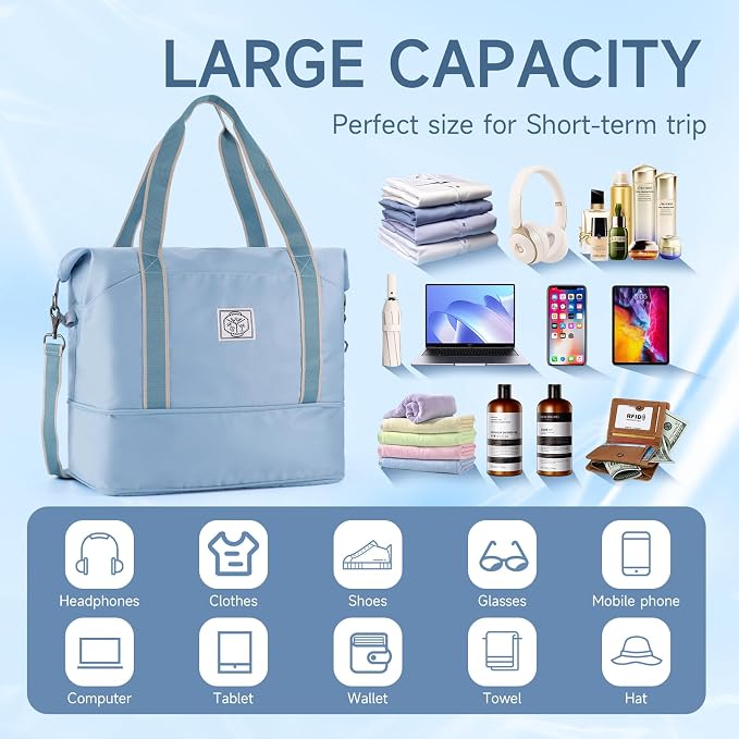 WALNEW Travel Duffel Bag, Weekender Overnight Carry On Bag for Women Men, Foldable Waterproof Gym Luggage with Metal Buckle Detachable Shoulder Strap and Wet Compartment (Light Blue)
