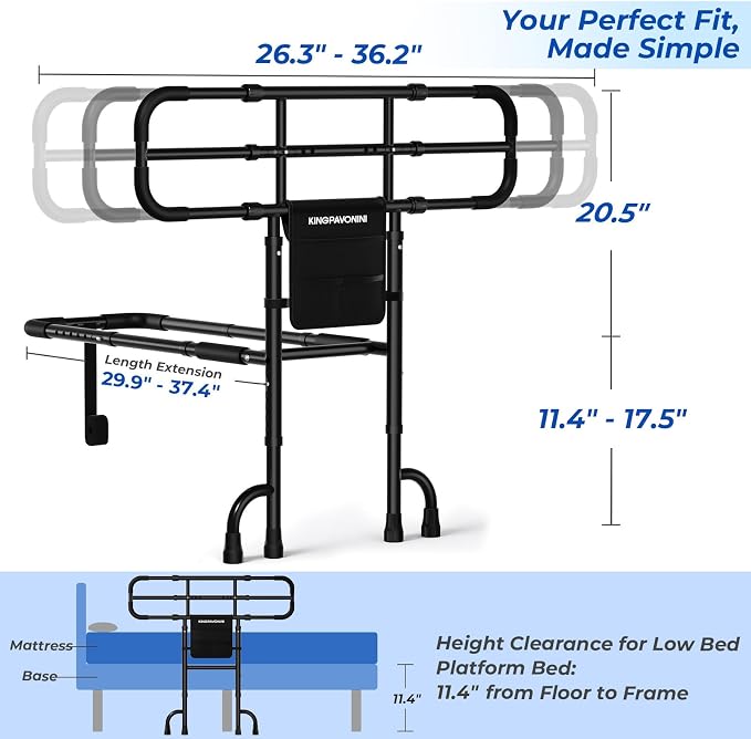 KingPavonini Bed Rail with Ultra-Wide Extendable Handle, 400 LB, Model GL05 | ASTM-Approved, Bed Rails for Elderly Adults Safety, 4-Point Dual Support, Tool-Free Bed Rails for Seniors & Post Surgery