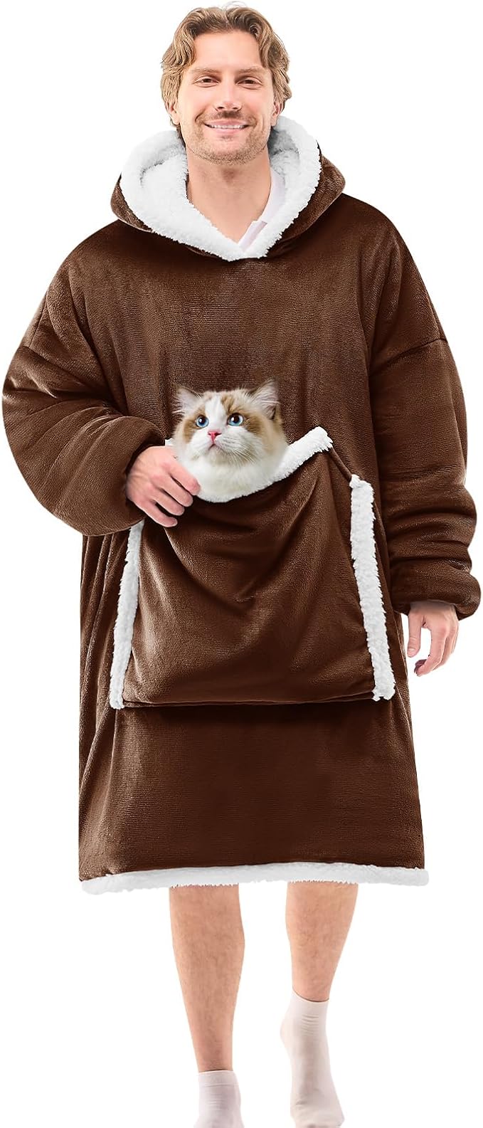 JOYWOO Brown Oversized Wearable Blanket Hoodie,Cat lovers Long Hoodie Blanket for Adult,Birthday Gifts for Women Men Grandpa,Cozy Fuzzy Sherpa Fleece Sweatshirt Hooded Blanket Giant Pocket,Oversize