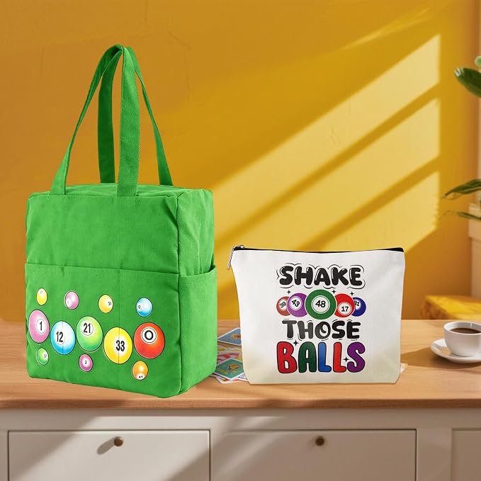 Bingo Bags with Pockets on Clearance, Bingo Bag with Zipper and Polyester Bingo Daubers Makeup Bag, Bingo Bags and Accessories Tote Gifts Game Suitable for Women and Girls (Emerald Green)