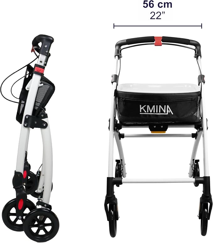 KMINA Narrow Walker for Small Spaces (22" Wide), Foldable Walker | Tray and Basket, 4 Wheels and Brakes, Lightweight Indoor Rollator for Seniors, Black