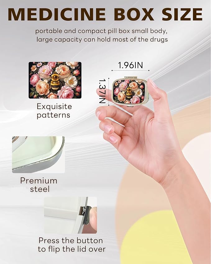 LRITER Pill Case, 2 Compartment Portable Small Travel Pill Organizer for Purse and Pocket, Stylish Medicine Case with Multiple Patterns, Daily Pillbox for Home & Travel (Bee)