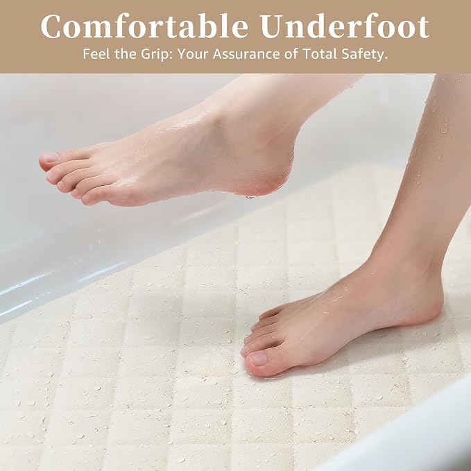 Yolife Bathtub Shower Mat Non Slip, Natural Rubber Bath Tub Floor Liner Mats with Strong Suction Cups for Inside Shower Bathroom, Machine Washable, Soft on Feet, 27.5 x 17 Inch, Beige