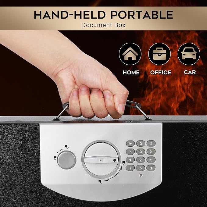 Dalmbox Portable Metal Safe Box with Digital Code Lock,Fire Resistant Storage for Documents, Fireproof Safe Box, Car, Home, Office and Outside, Black Box， Medium