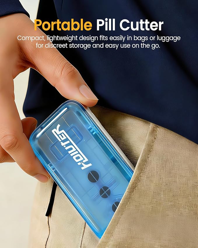 Professional Pill Cutter for Small Pills, 3-in-1 Pill Cutter Splitter for Small or Large Pills-Safely Cuts 1/2, 1/3, and 1/4 Multiple Pills Splitter, Adjustable Pill Cutter with Storage (White Blue)