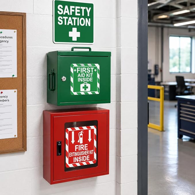 Green First Aid Kit Inside Red Fire Extinguisher Inside Sticker Safety Sign | 4 Inch Adhesive First Aid Kit Sign Decals UV Resistant 8 Pcs Industrial Safety Warning Decal for Trucks or Equipment