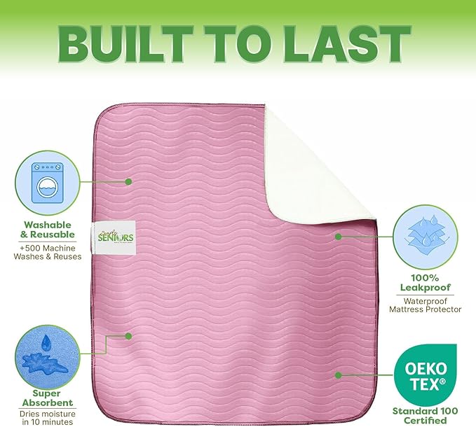 Bed Pads Washable Waterproof 34"x36"- Pack of 4 Pink Incontinence Bed Pads | Washable Pee Pads for Adults - Dementia Products for Elderly & Elderly Assistance Products - Reusable Pee Pads Dogs & Kids