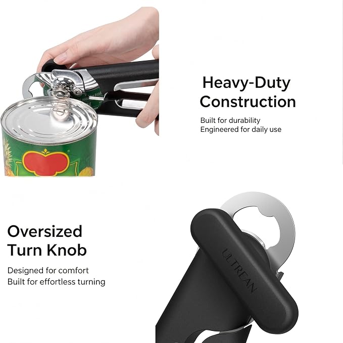 Ultrean Can Opener Manual, Heavy Duty Stainless Steel Smooth Edge Can Opener with Ergonomic Handles and Oversized Easy Turn Knob for Seniors, Black