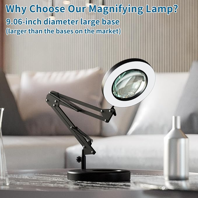 HITTI 12X Magnifying Glass with Light, 1,800 Lumens Stepless Dimmable, 3 Color Modes, 4.2″ Real Glass Lens LED Desk Lamp & Clamp, Magnifier Light and Stand for Crafts, Soldering, Fly Tying, Close Work