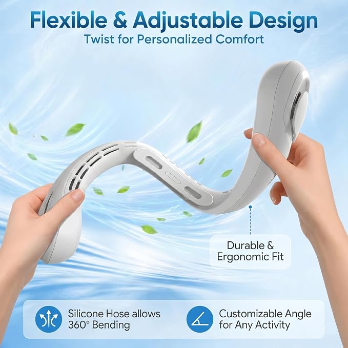 TREDY Neck Fan Portable Rechargeable, 4000mAh Battery Operated Wearable Personal Fan, 5 Speeds Bladeless Cooling Fan, Quiet Hands-Free Fan for Travel, Outdoor, Office