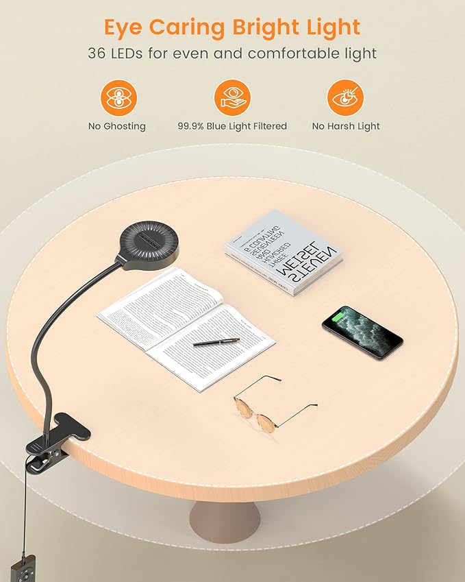 Glocusent 5W 36 LED Reading Clip on Light for Bed, Eye Caring Bed Lamp, 3 Colors & 5 Brightness Levels for Headboard with Adapter, Perfect for Reading, Working & Studying (Black)