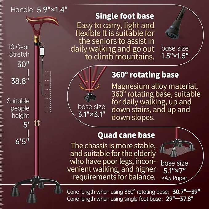 Smart Alarm Walking Cane for Men & Women, Telescopic and Adjustable Walking Sticks for Seniors, USB Direct Charge, with LED Light, One Cane for Three Purposes, Light and Stable