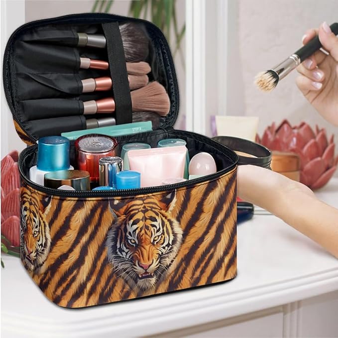 Tiger Head Print Cosmetic Bag Makeup Bags Toiletry Pouch, Black Orange Tiger Stripes Makeup Cosmetic Organizer Dopp Kit Travel Accessories Essentials
