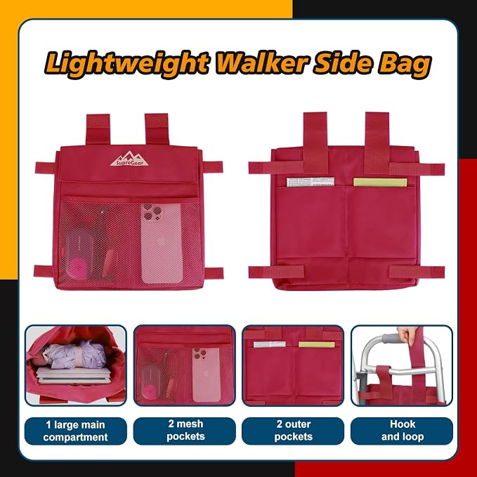 supregear Walker Side Bag, Water Resistant Accessory Basket Pouch for Folding Walkers, Lightweight Hand Free Storage Carrier Tote, Universal Size Seniors Caddy Attachment, Red