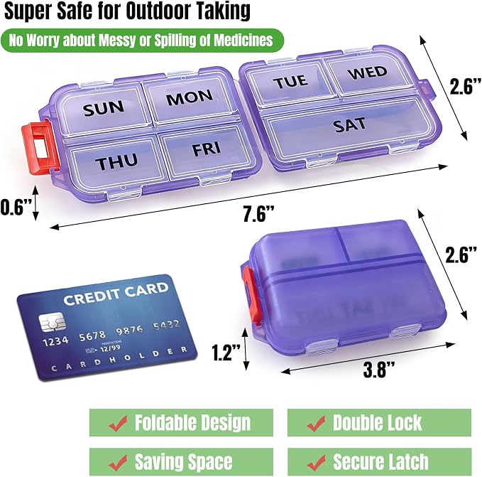 7 Day Compact Pill Organizer, Foldable Portable Travel Pill Box with Double Protection, Daily Small Pill Case Dispenser for Medication, Vitamins, Supplements (Clear Purple)