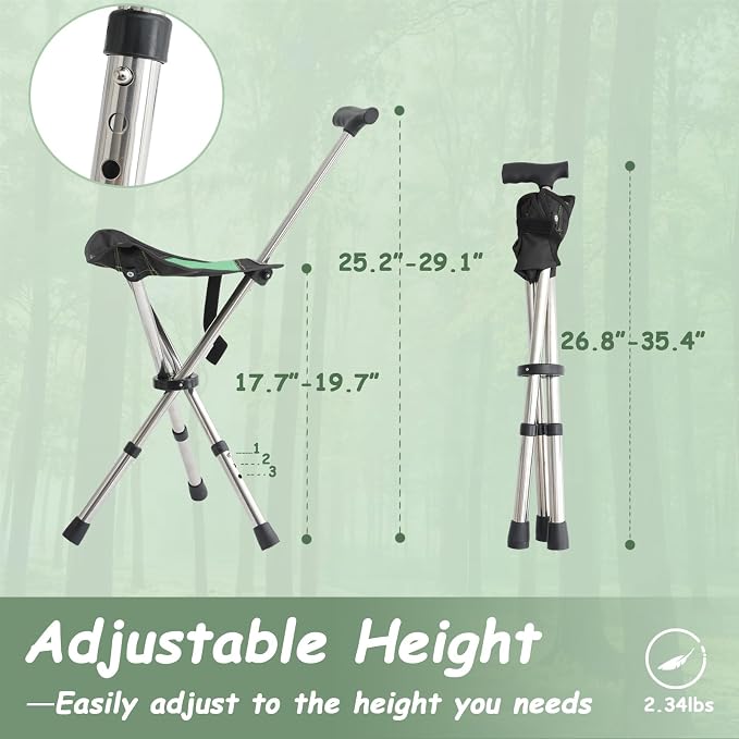 King Mills Lightweight Portable Stools for Adults Heavy Duty, Adjustable Walking Chair for Adults, Anti-Slip Cane Seat Walking Stick Folding Seat 250 Lbs Above Ideal for Camping & Hiking