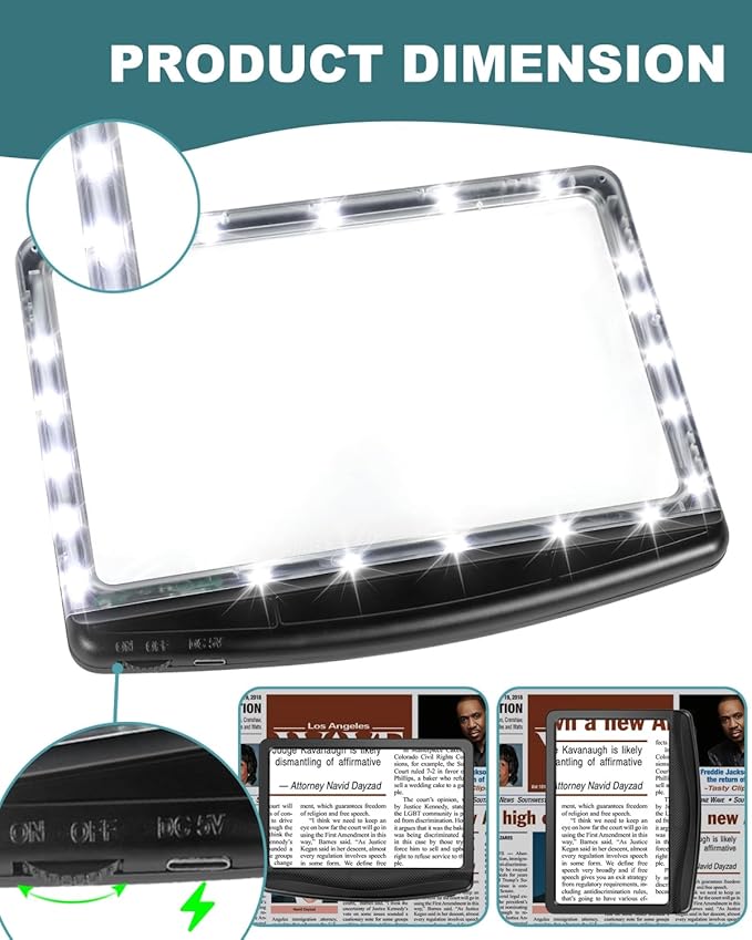 5X Rechargeable Magnifying Glass for Reading, Large Bright LED Lighted Full Page Magnifier, Lightweight Rectangular Handheld Magnifier with Light for Reading Small Prints for Seniors, Black