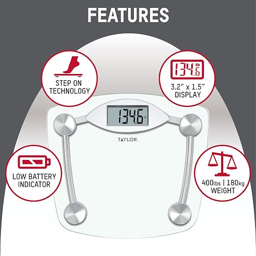 Taylor Digital Bathroom Scale, Body Weight Scale, Instant On and Off, 400 lb Capacity, Sturdy Clear Glass with Chrome-Finish Base