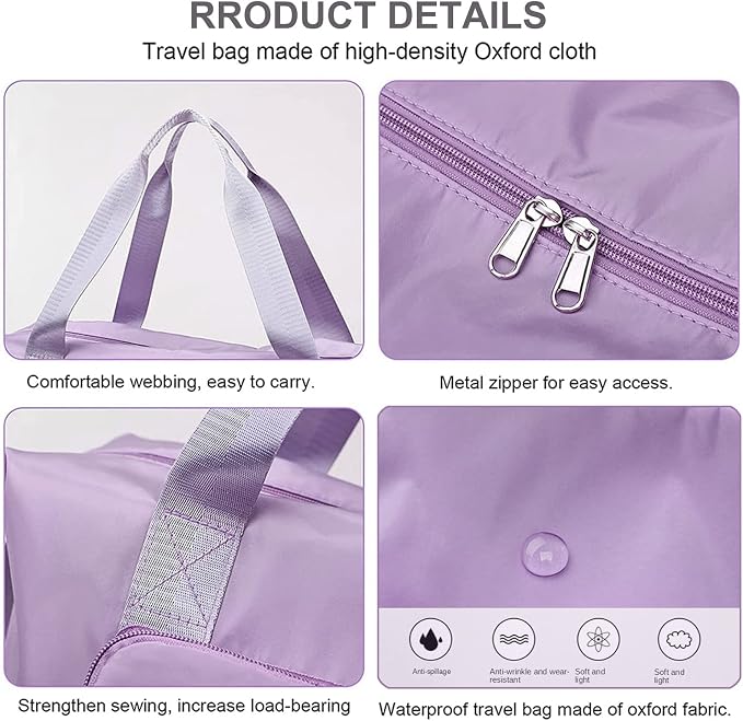 Large Capacity Folding Travel Bag, Lightweight Waterproof Luggage Bag, Expandable Travel Duffel Bag, Dry Wet Separated Gym Tote Bag, Weekender Overnight Bags for Women and Man (Light Purple)