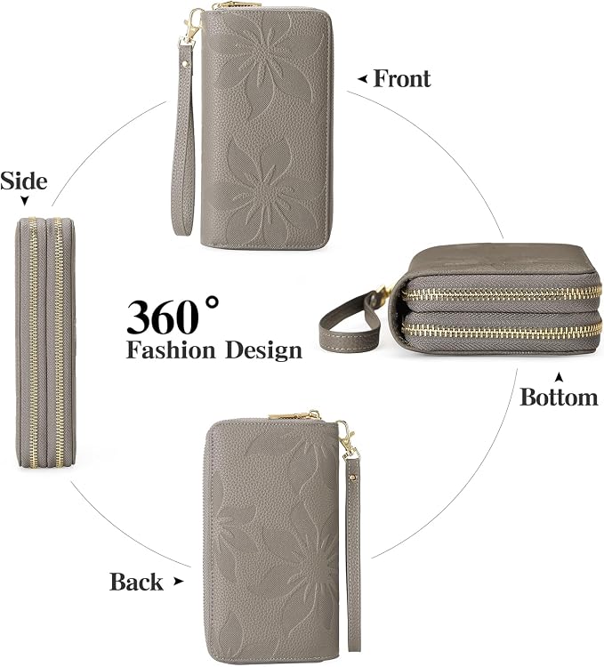 GOIACII Women's Wallet Large Capacity Double Zip Ladies Card Phone Holder RFID Blocking Wristlet Leather