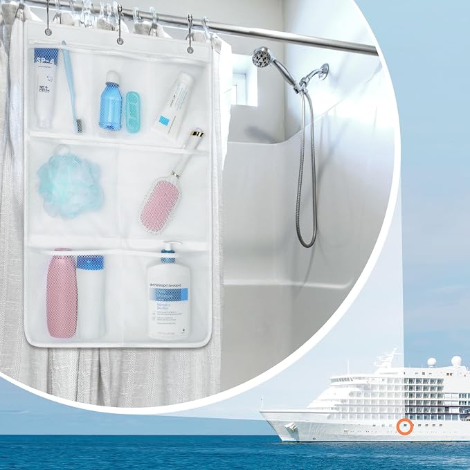 F-color 7-Pocket Mesh Shower Caddy - Hanging Shower Organizer for Cruise | Quick-Dry & See-Through Mesh for Toiletries, Fits Shower Rod Rings or Sticky Hooks for Bathroom & RV, Cruise Essentials 2026