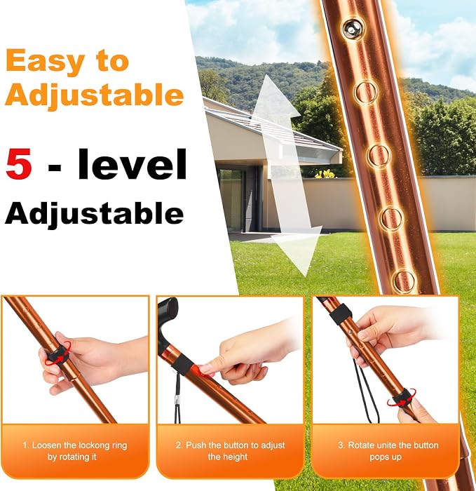 MFE Folding Cane, Portable 5-Level Adjustable Height Walking Stick with Foldable Design, Wrist Strap, and T Handle for Men and Women