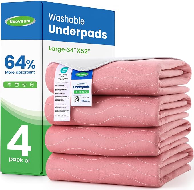 Chuck Pads Washable - 34"x52"(Pack of 4) Pink - Reusable Bed Underpads for Adults - Chux Pads for Incontinence - Heavy Absorbency Waterproof Mattress Protector for Elderly, Bedwetting