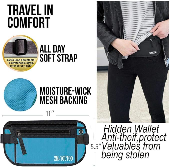 ZM-YOUTOO Money Belt for Travel - Hidden Travel Pouch Protect Your Credit and Money With RFID Blocking Passport Holder Waist Wallet (Blue)