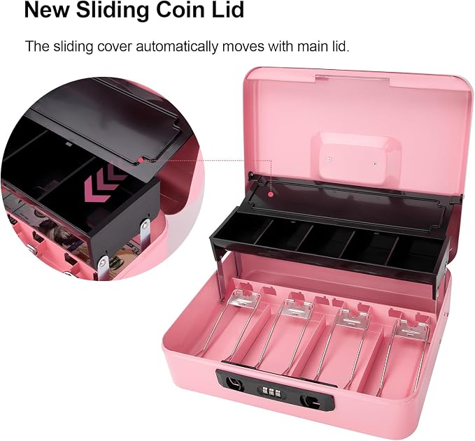 Jssmst Locking Cash Box with Money Tray and Coin Lid, 11.8L x 9.5W x 3.5H Inches, Cash Box with Combination Lock Safe Money Saving Organizer Box, Pink, XLarge