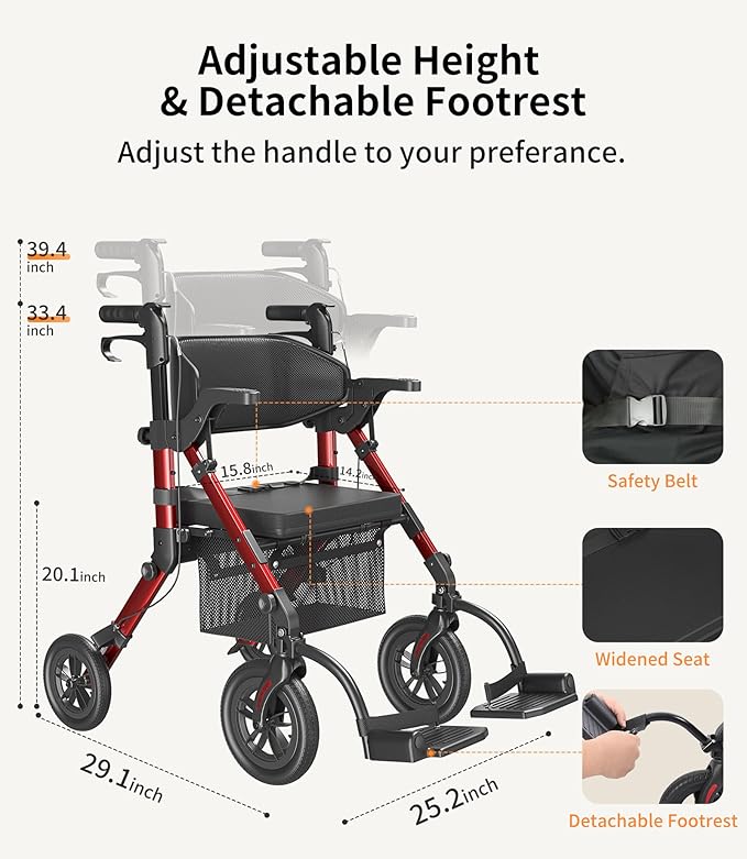 VOCIC Walkers for Seniors, Wheelchairs for Adults, Rollator Walker with Seat, 2 in 1 Rollator Transport Chair with Brakes, Rollator Lightweight Foldable, Walker Wheelchair Combo