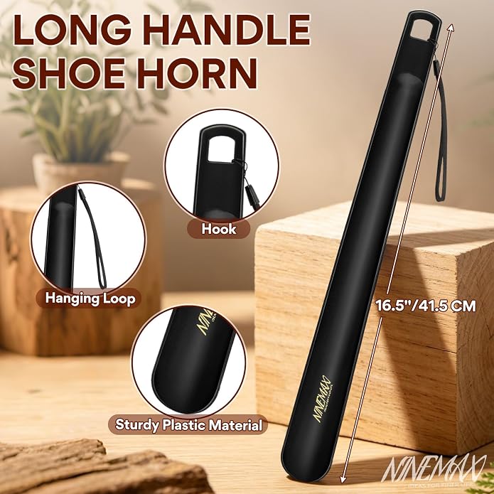 NINEMAX Plastic Shoe Horn Long Handle 16.5Inch, Long Shoehorn Sturdy for Senior Men Women with Hook