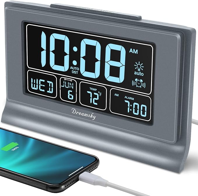 DreamSky Digital Alarm Clock with Battery Backup, 5 Inch Large Display, Auto Set Clock, USB Charging Ports, 12/24H | Digital Clock with Date & Day of Week, 5 Inch Large Display, Weekday, Temperature, USB Port, Auto DST, Brightness Dimmer