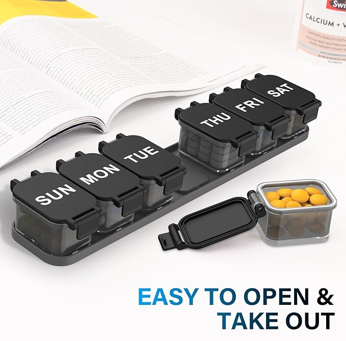 Extra Large Weekly Pill Organizer - XL Vitamin Holder with 7 Detachable Compartments, Portable Medicine Pill Organizer for Supplements, Daily Pill Case for Home and Travel,Black