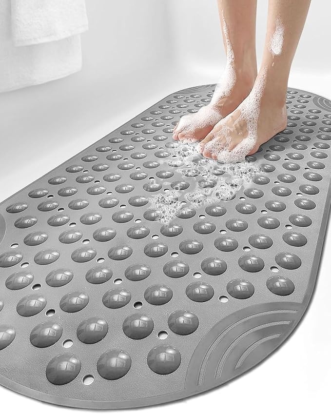 DEXI Bathtub Mat Non Slip 16x35, Shower Floor Mats for Bathroom Bath Tub, Washable Oval Bathmat with Suction Cups and Drain Holes, Gray