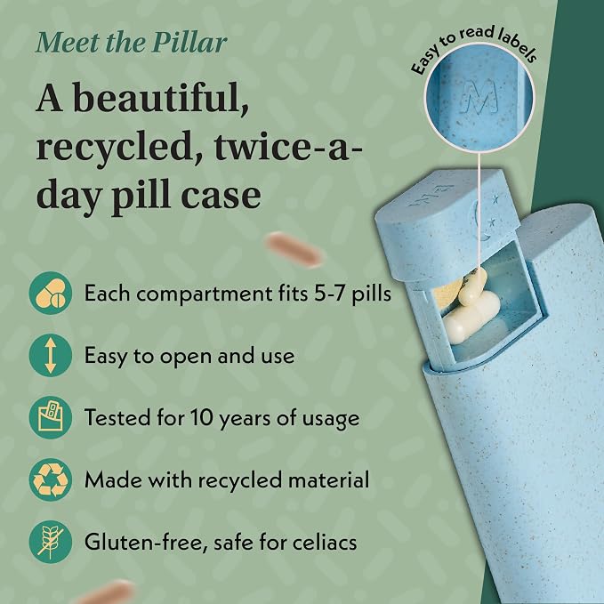 Pillar AM/PM Pill Box Organizer Two Times a Day | Aesthetic 7 Day Tablet Organizer 2 Times A Day | Beautiful Weekly Pill Box for Day and Night Medication (Powder Blue)