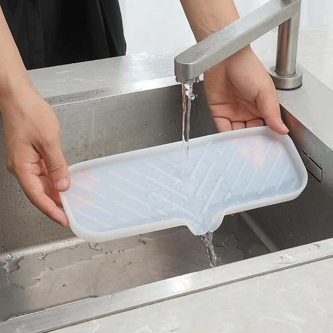 Silicone Bathroom Soap Dishes with Drain Spout-Bathroom and Kitchen Sink Organizer,Sponge Holder,Dish Soap Tray,Perfect for Dispenser,Scrubber,Bottle,Cup on Sink or Counter-Translucent 12"×4"