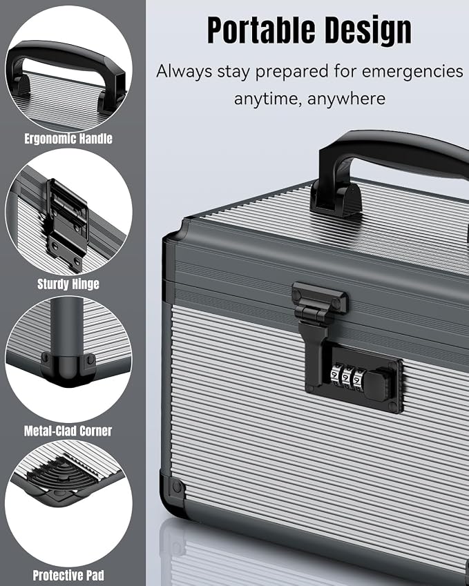 Uniclife Medicine Lock Box,9.5x6x6.5 in, Medication Lock Box with Code | Security combination lock, robust aluminum construction, portable rust-proof handle, removable ABS tray
