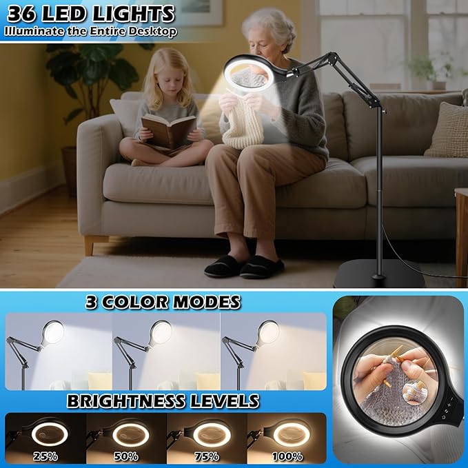 Large 30X 10X Floor Magnifying Glass with Light and Stand,2 in 1 Adjustable Height Floor Magnifying Lamp,Lighted Magnifiers for Hands Free Close Work, Sewing,Crafts, Reading,Hobbies