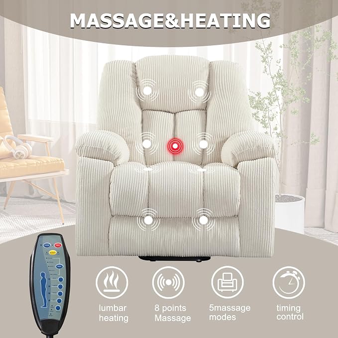 Power Lift Recliner Chair with Massage and Heat for Elderly, Overstuffed Wide Recliners, Heavy Duty and Safety Motion Reclining Mechanism with USB Ports, 2 Concealed Cup Holders, Beige